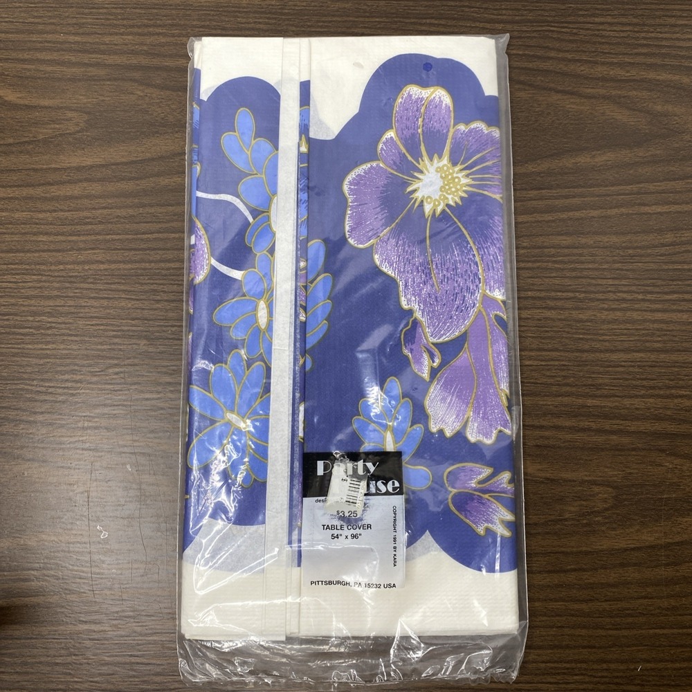 Vtg Blue/Purple Floral 54"x96" Paper Table Cover 1991 Party House Design By KARA
